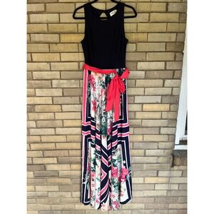 Eliza J Belted Floral Print Sleeveless Maxi Dress Size 10 Medium Navy Blue Pink